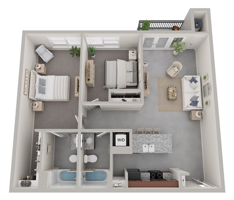 Floor plan for 2 beds, 2 baths, 963 sqft